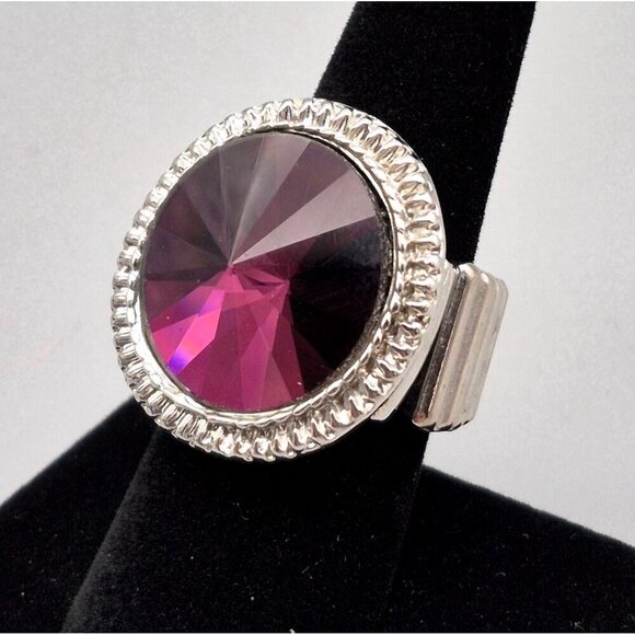 Large Statement Circular Purple Crystal Ring Silver Tone Stretch One Size - Picture 2 of 5